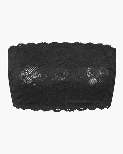 Black lace bandeau top on a white background