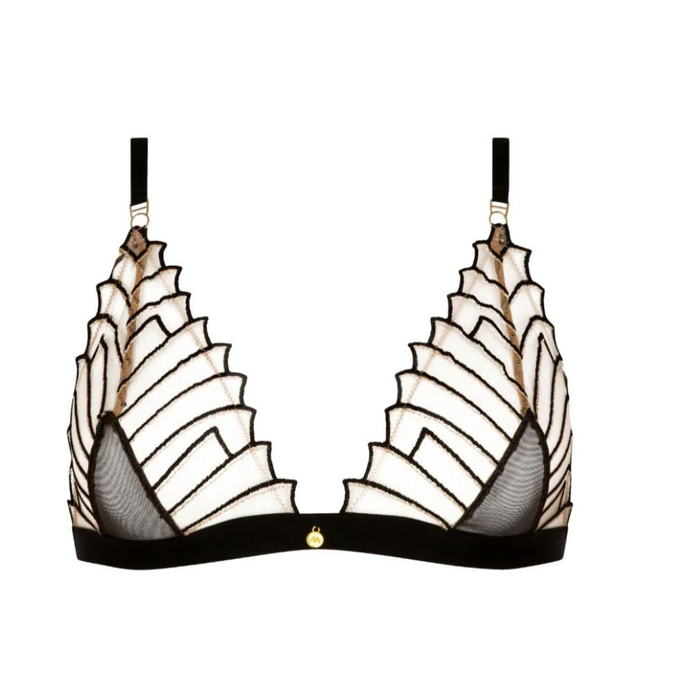 Black and white bra with intricate design on a white background