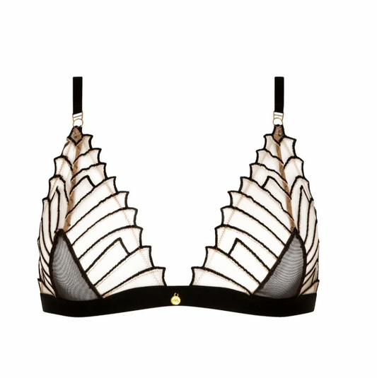 Black and white bra with intricate design on a white background