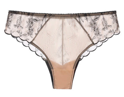 Lace-trimmed underwear with floral patterns on a white background