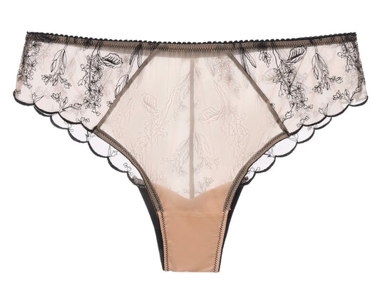 Lace-trimmed underwear with floral patterns on a white background