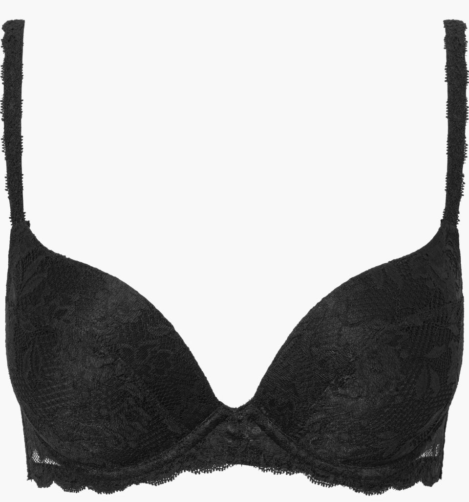Black bra with lace details on a white background