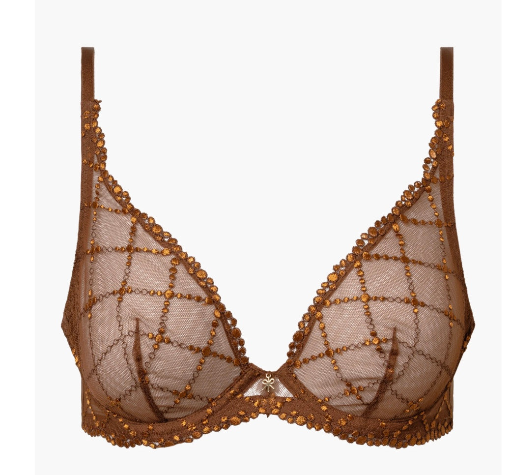 Brown bra with intricate detailing on a white background