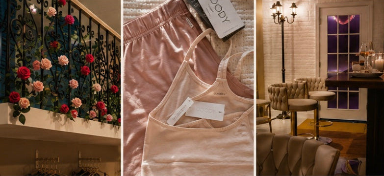 Collage of a decorated staircase, pink tank top with tags.