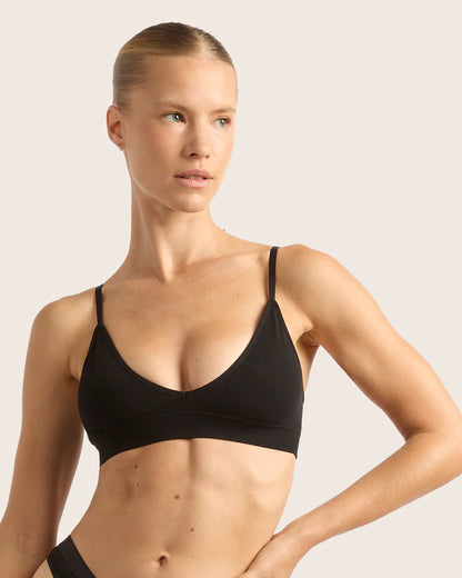 Woman wearing a black sports bra against a plain background