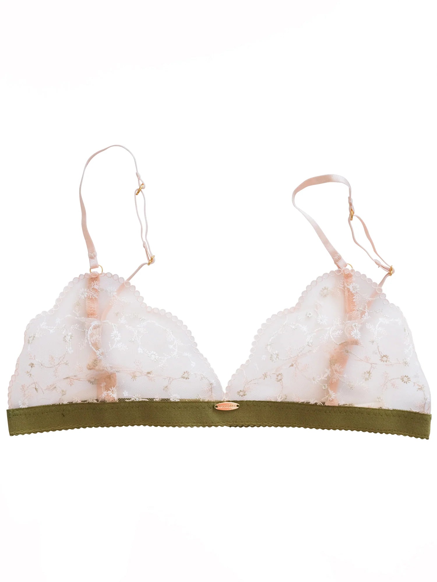 White bra with green band on a white background