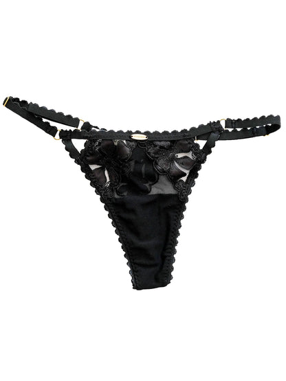 Black lace thong on a white background