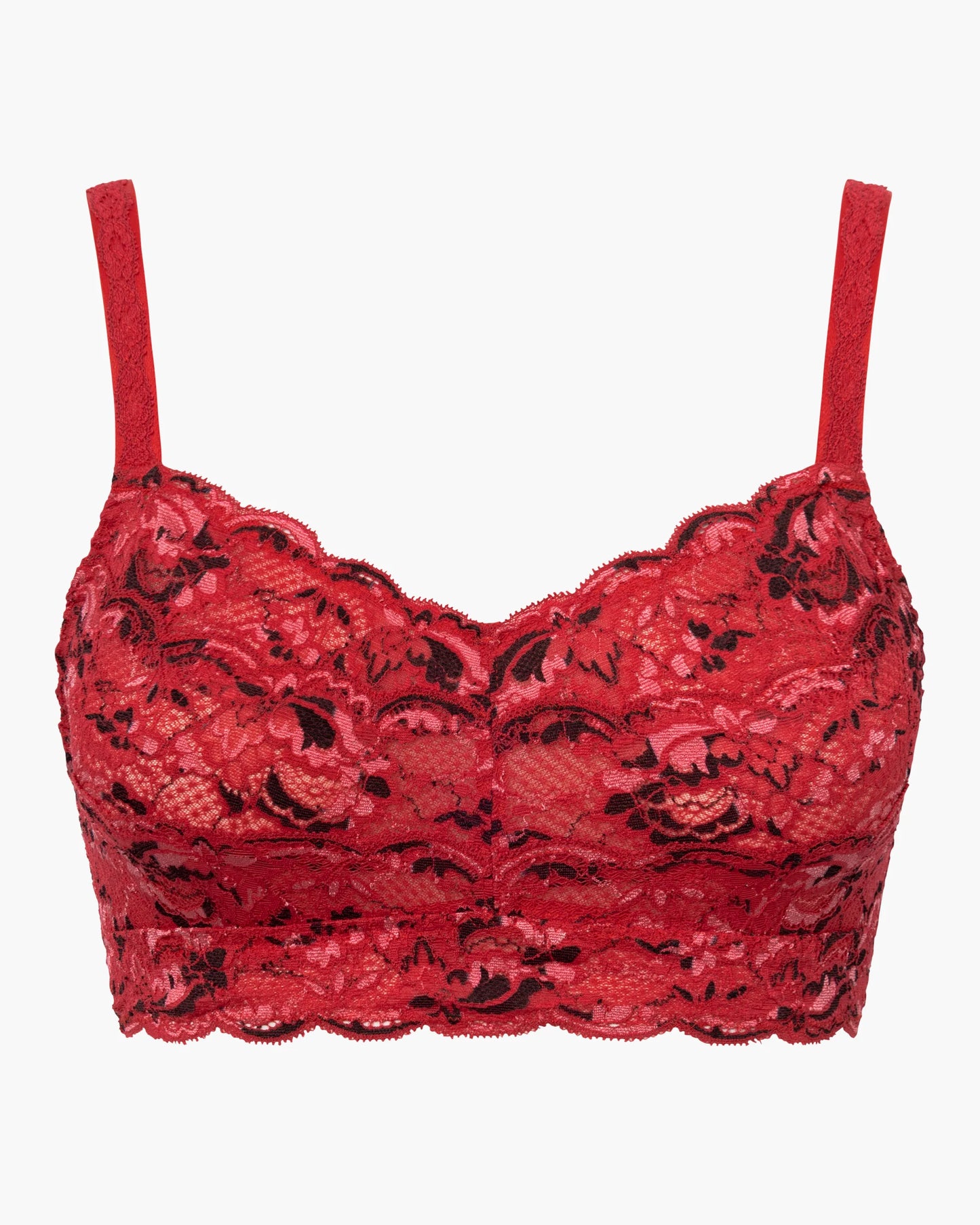 Red lace bralette on a white background