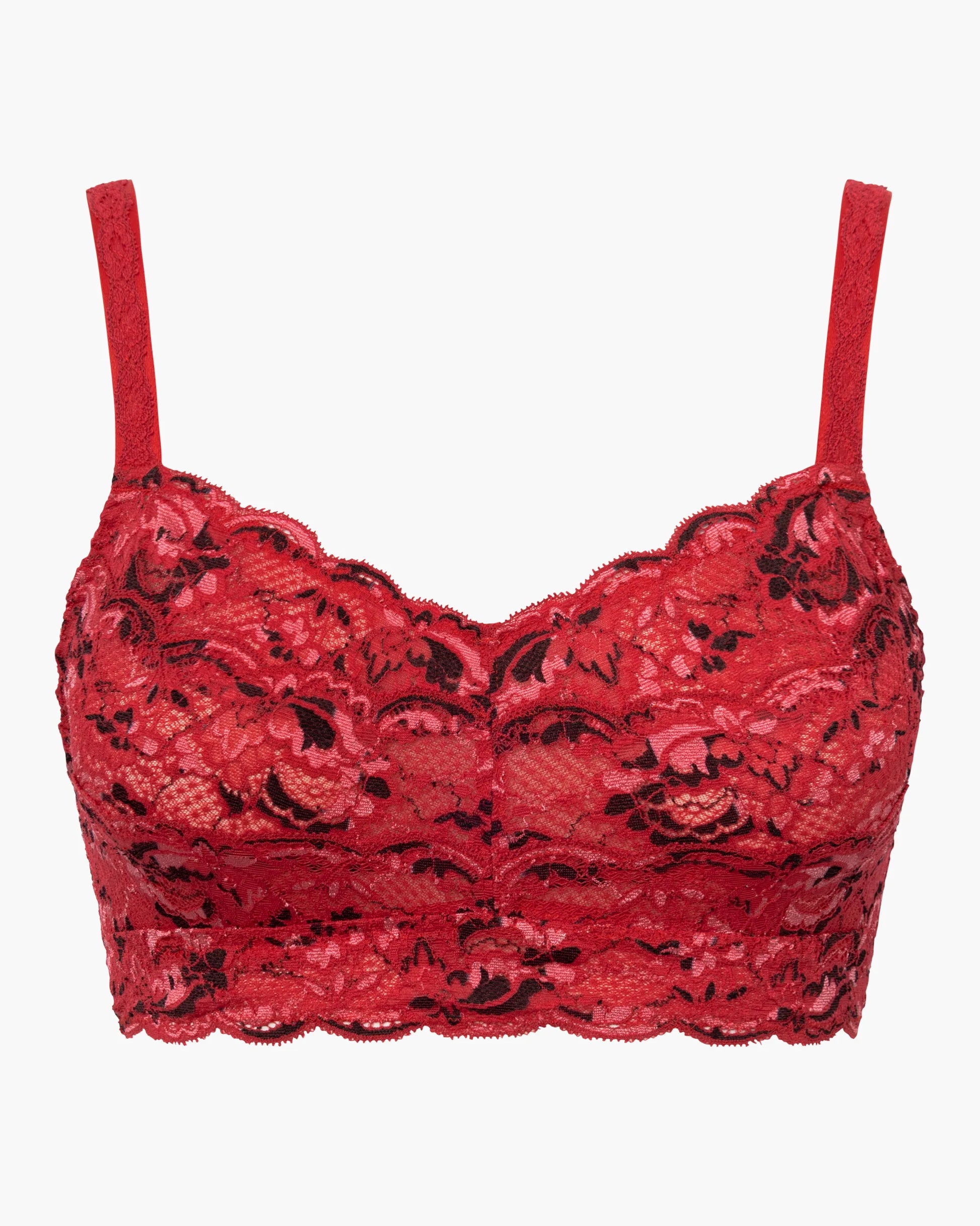 Red lace bralette on a white background