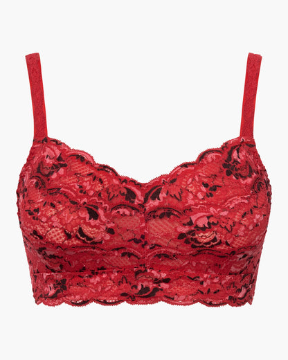 Red lace bralette on a white background