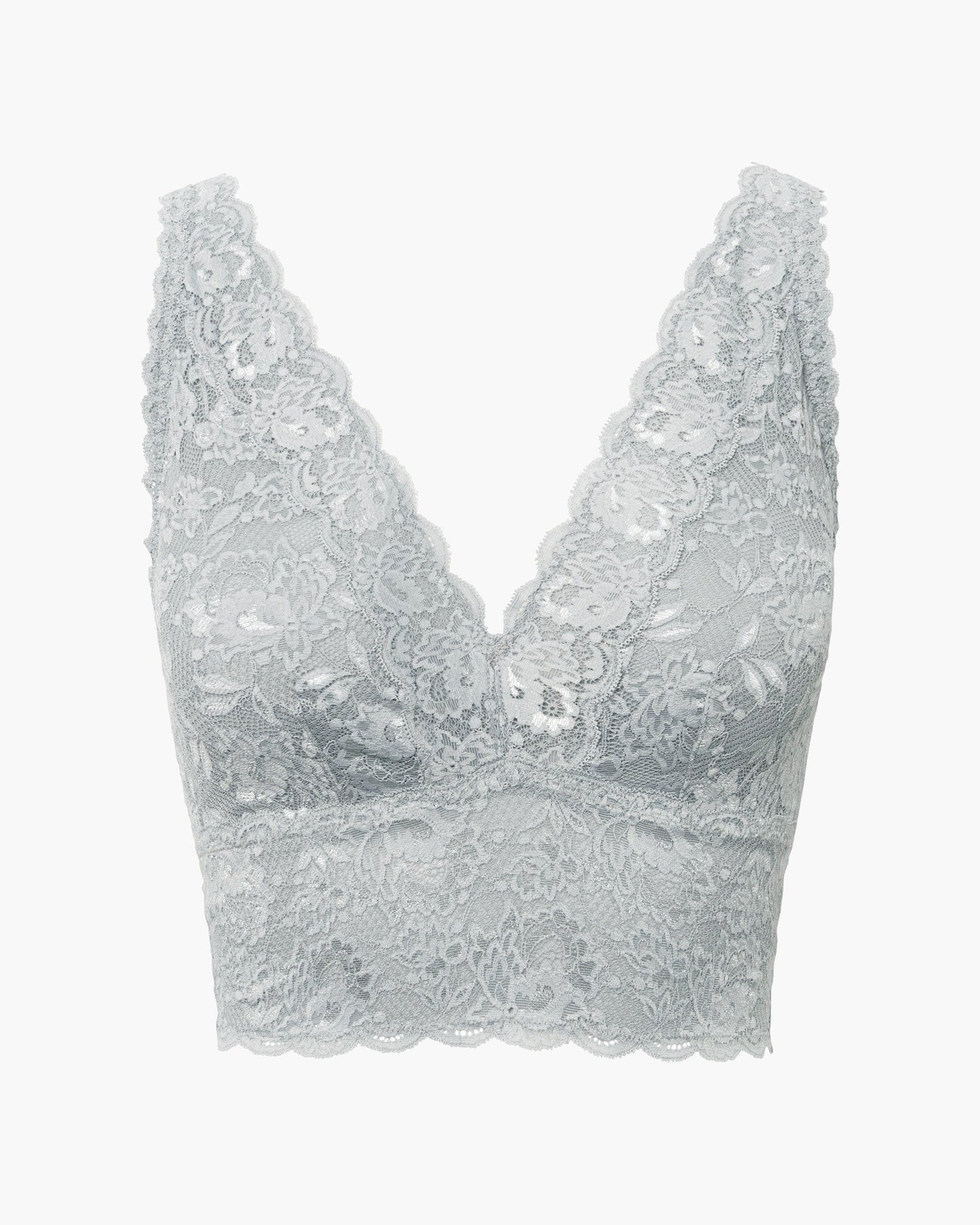 Silver lace bralette on a white background