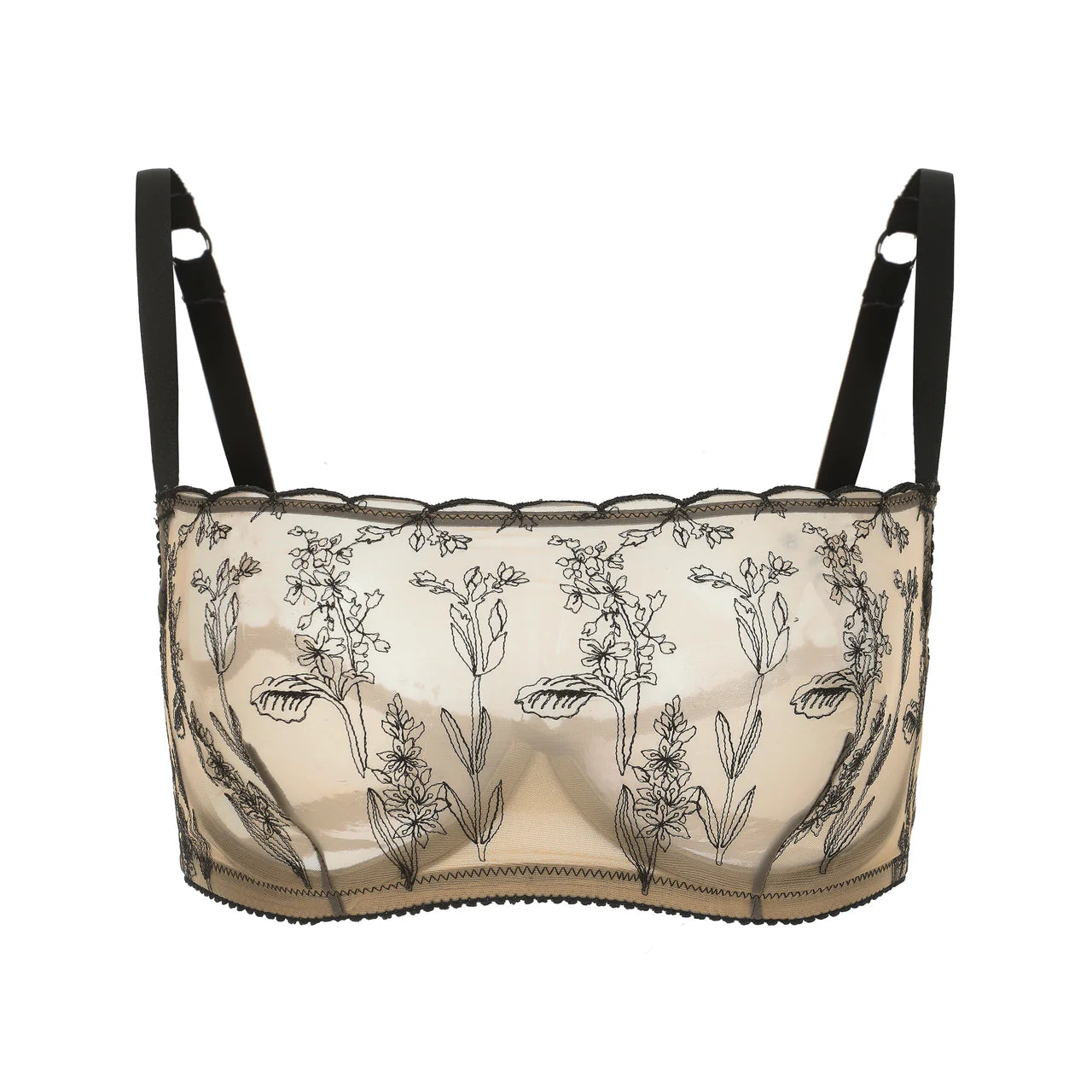 Lace bra with floral embroidery on a white background