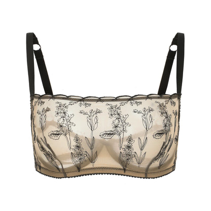 Lace bra with floral embroidery on a white background