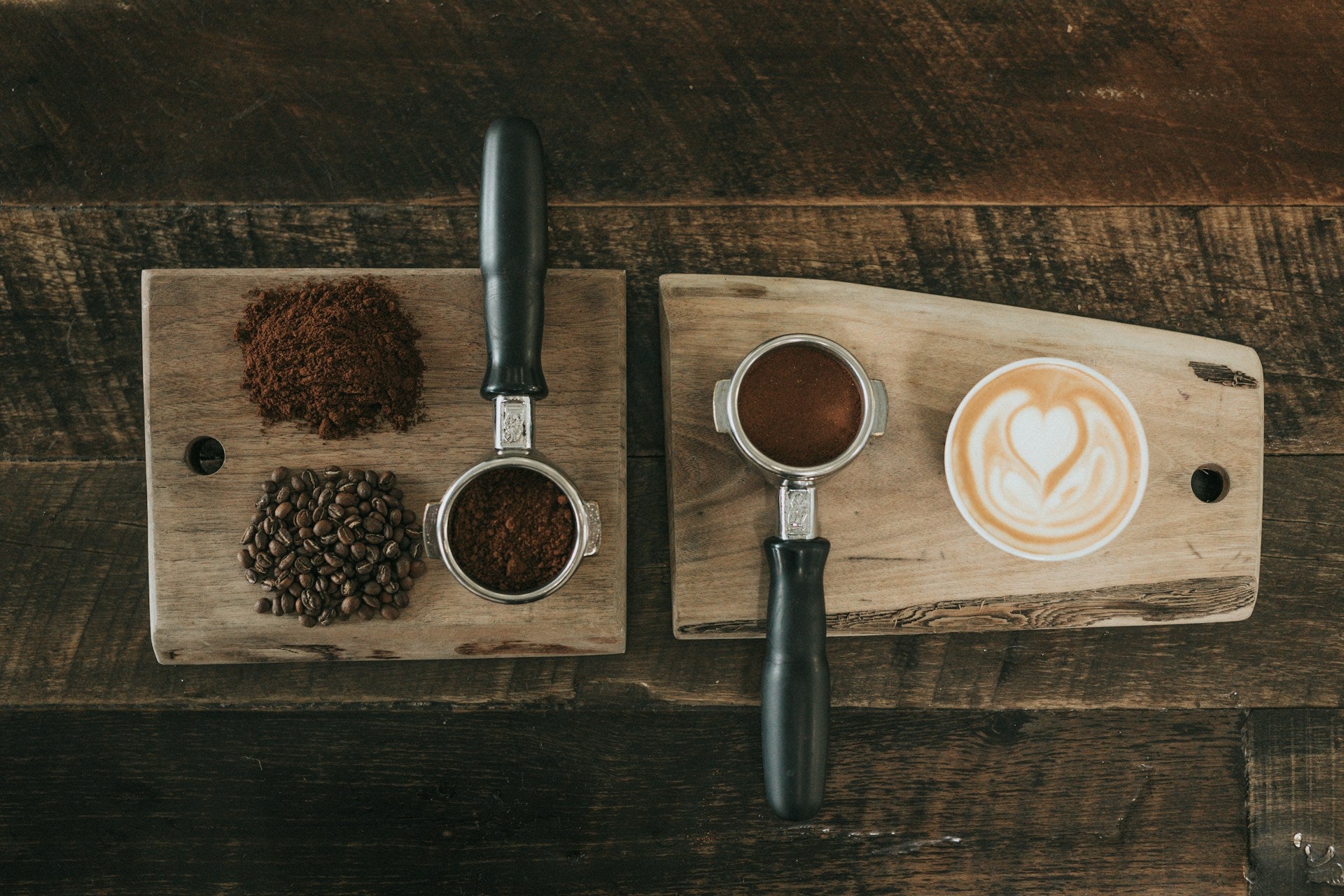 Coffee-making tools and ingredients on a wooden surface