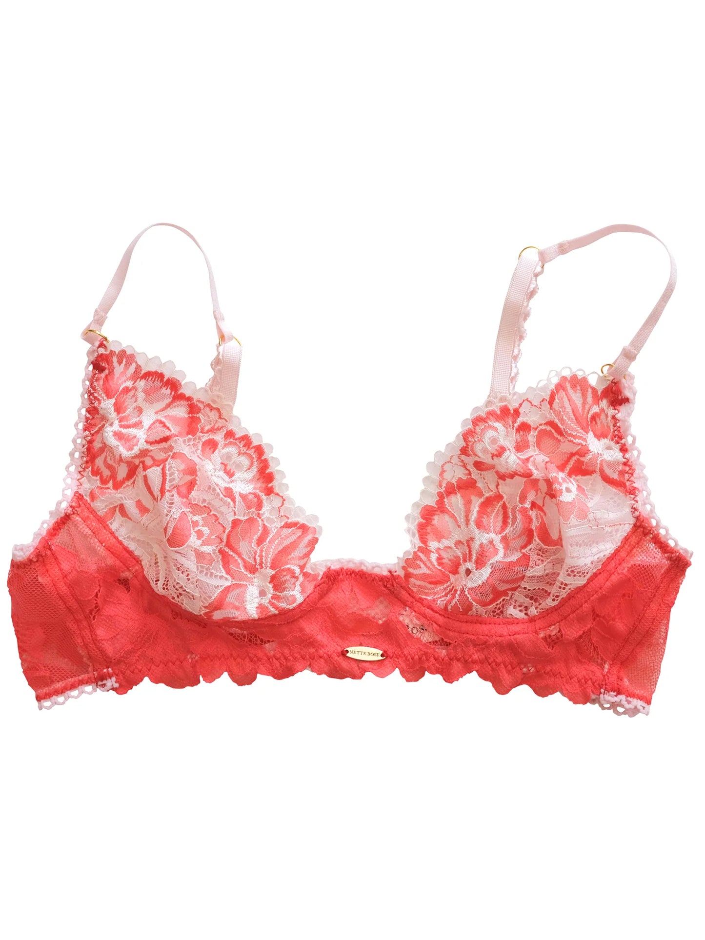 Red lace bra on a white background