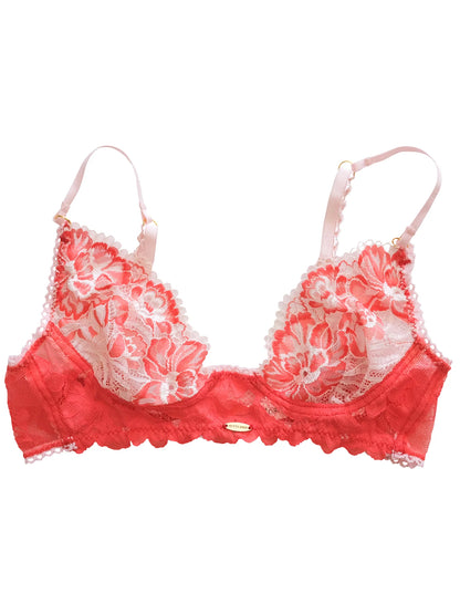 Red lace bra on a white background