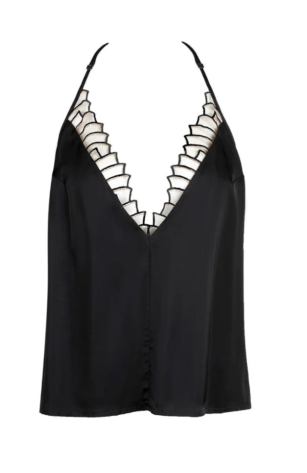 Black satin camisole with lace detailing on a white background