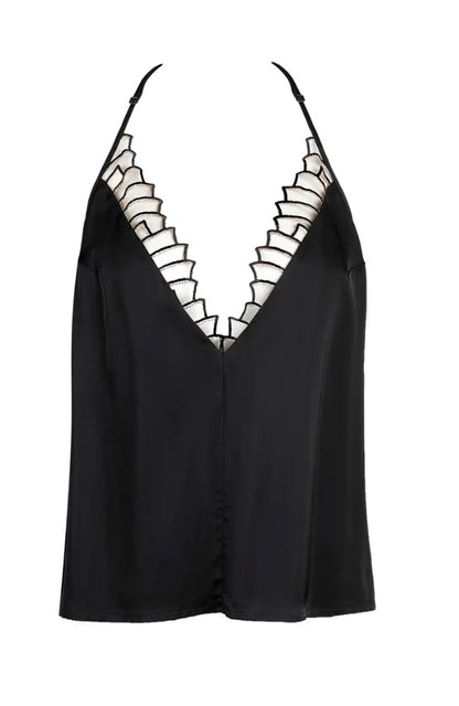 Black satin camisole with lace detailing on a white background