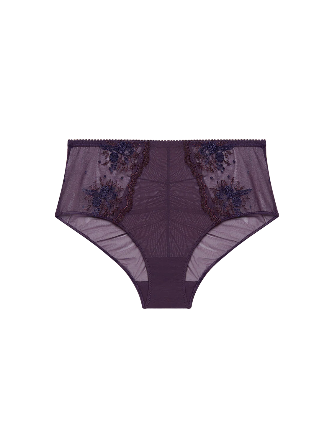 Purple lace underwear with floral embroidery on a white background