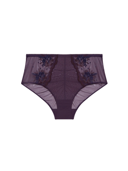 Purple lace underwear with floral embroidery on a white background