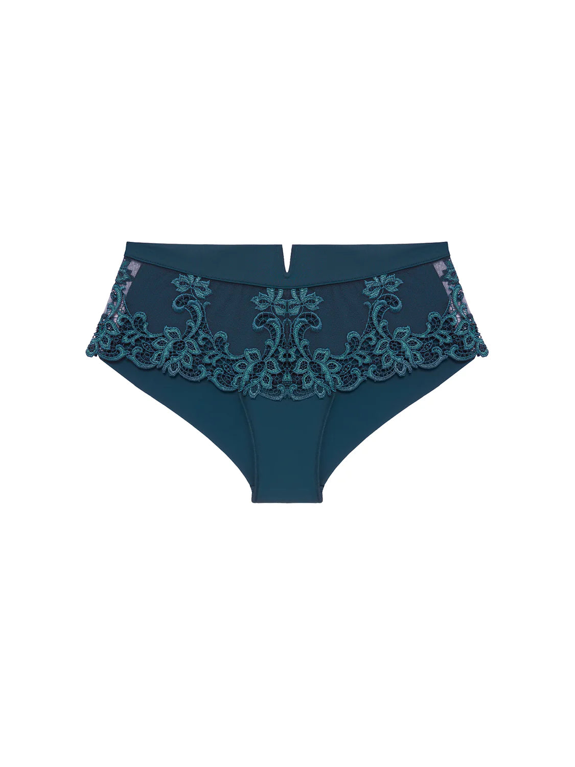 Blue lace-trimmed underwear on a white background
