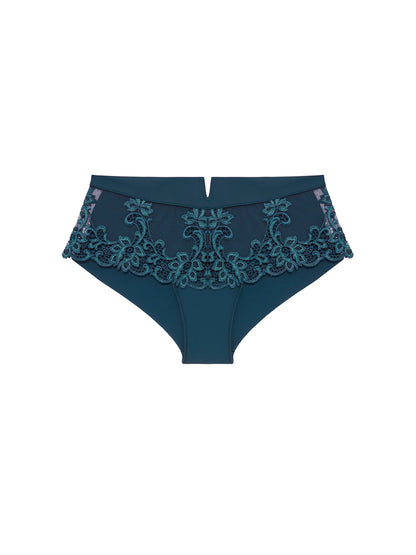 Blue lace-trimmed underwear on a white background