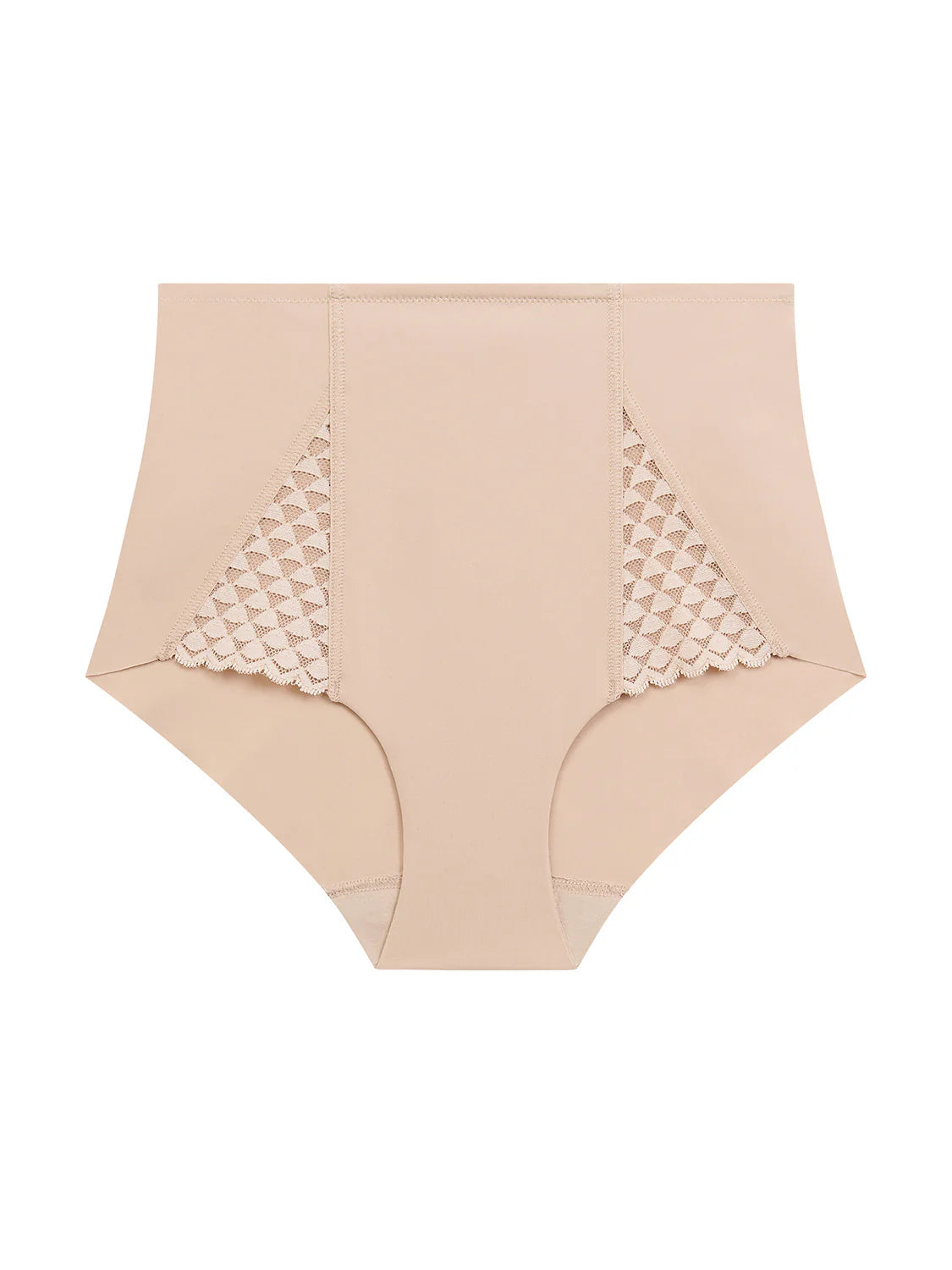 Beige high-waisted underwear with lace details on a white background