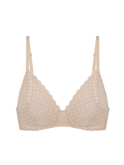 Beige bra with textured design on a white background