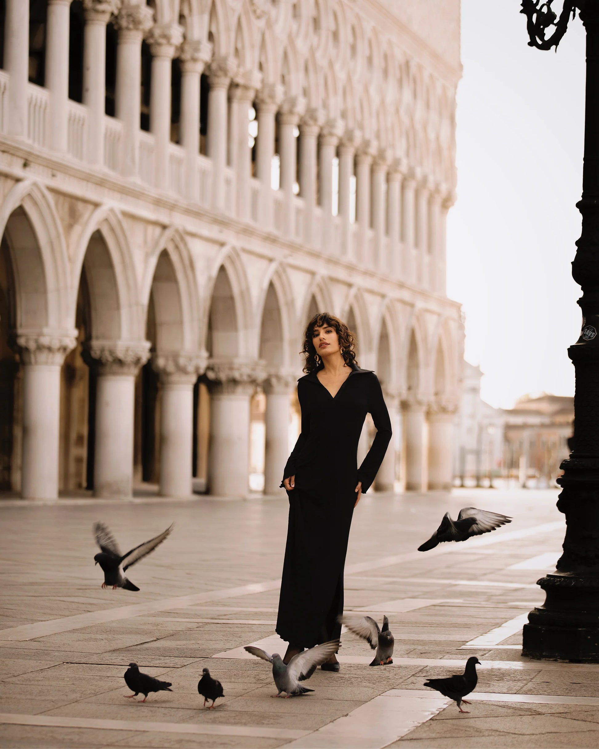Woman in a black dress standing in front of an architectural structure with pigeons around her.