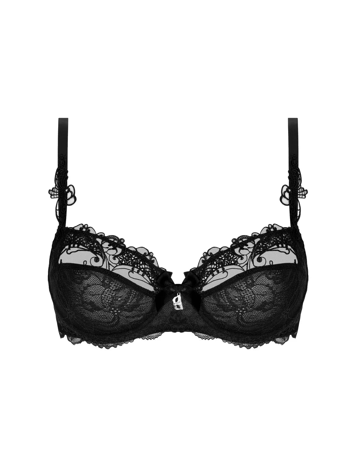 Black lace bra on a white background