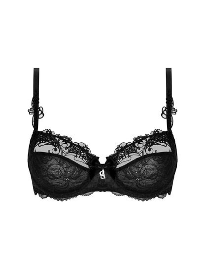 Black lace bra on a white background