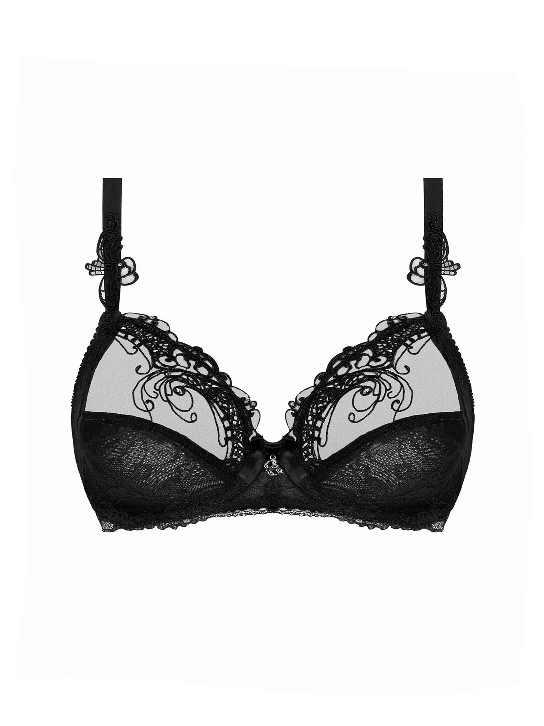 Black lace bra with floral patterns on a white background