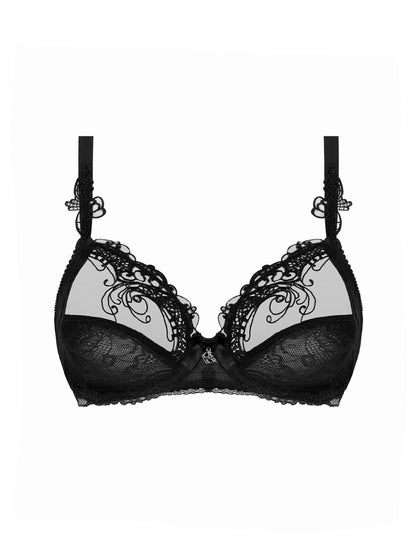Black lace bra with floral patterns on a white background