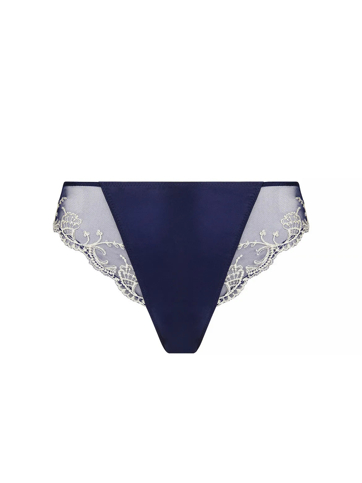 Navy blue bikini bottom with lace trim on a white background