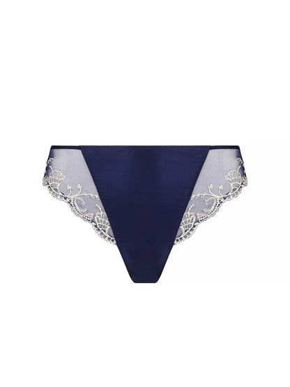 Navy blue bikini bottom with lace trim on a white background