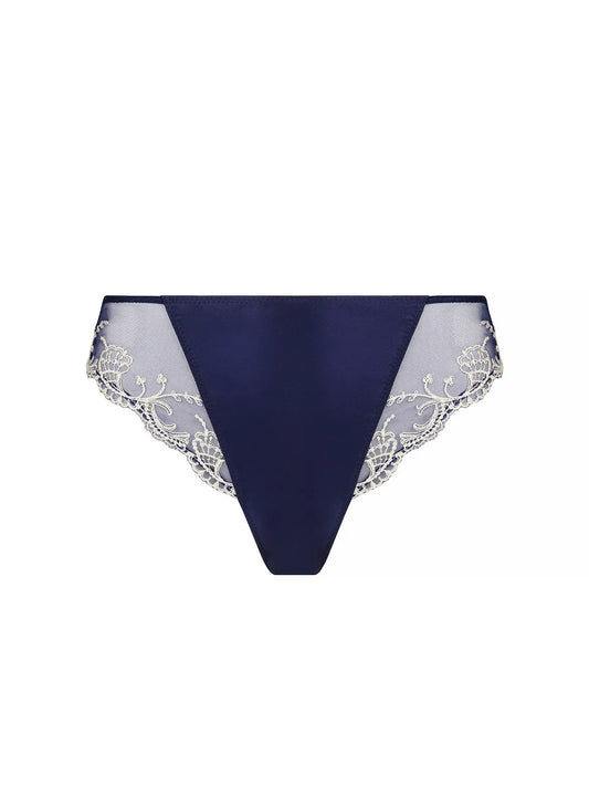Navy blue bikini bottom with lace trim on a white background