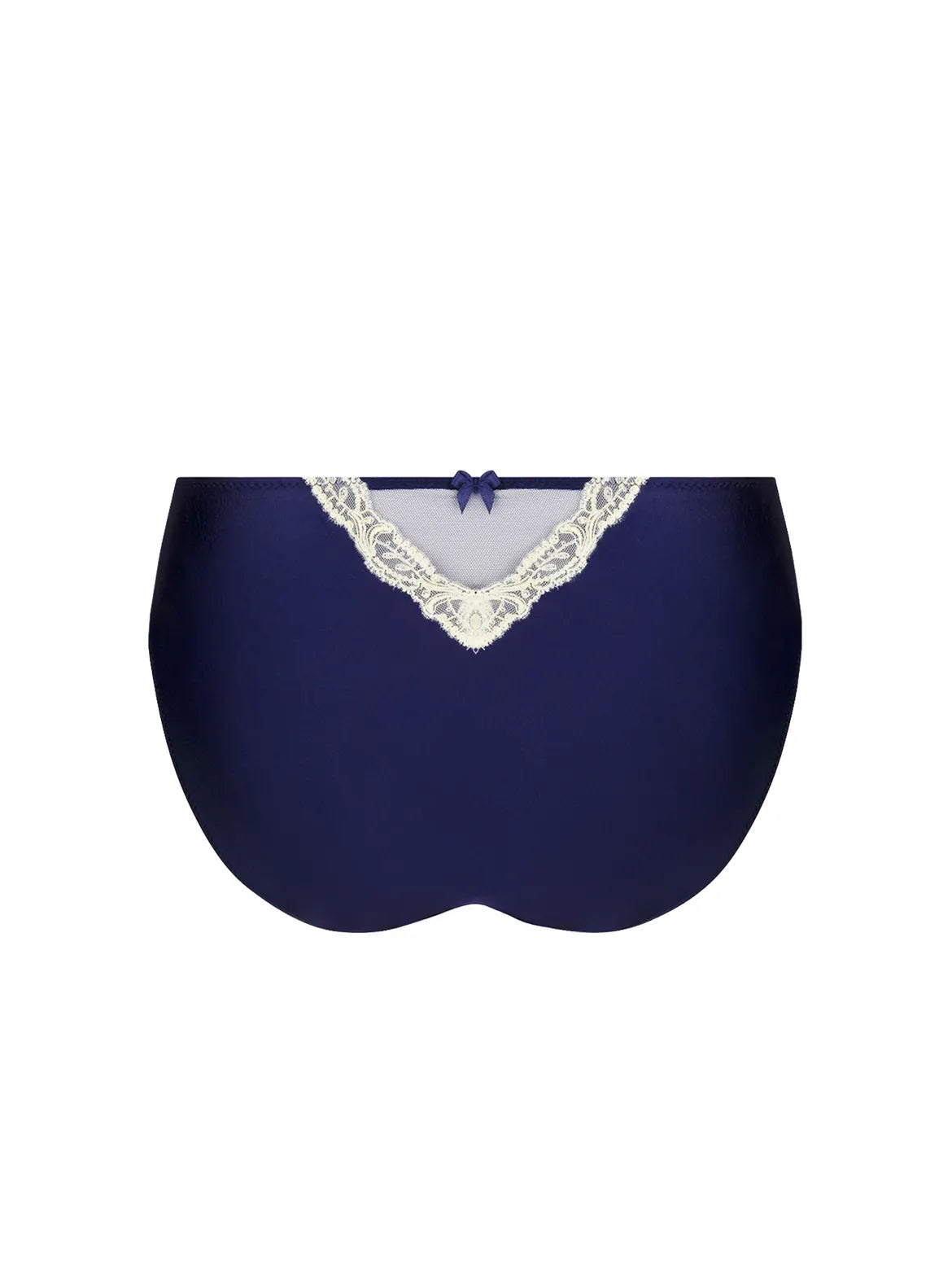 Navy blue women's underwear with lace trim on a white background