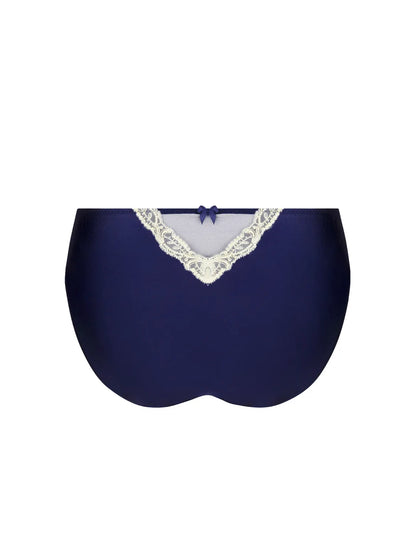 Navy blue women's underwear with lace trim on a white background