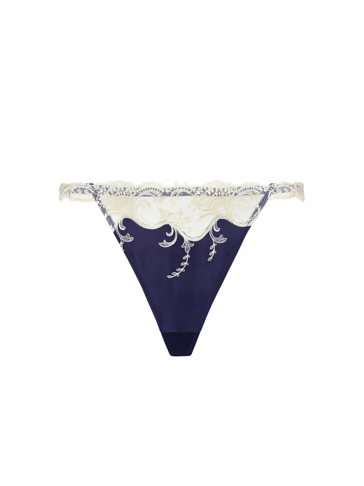 Navy blue bikini bottom with white lace detailing on a white background