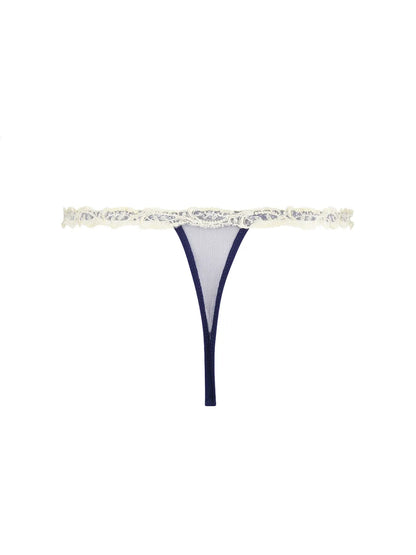 Navy blue thong with lace details on a white background