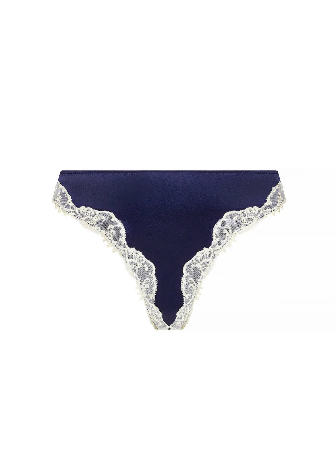 Navy blue lace-trimmed underwear on a white background