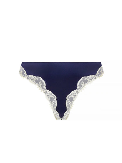 Navy blue lace-trimmed underwear on a white background