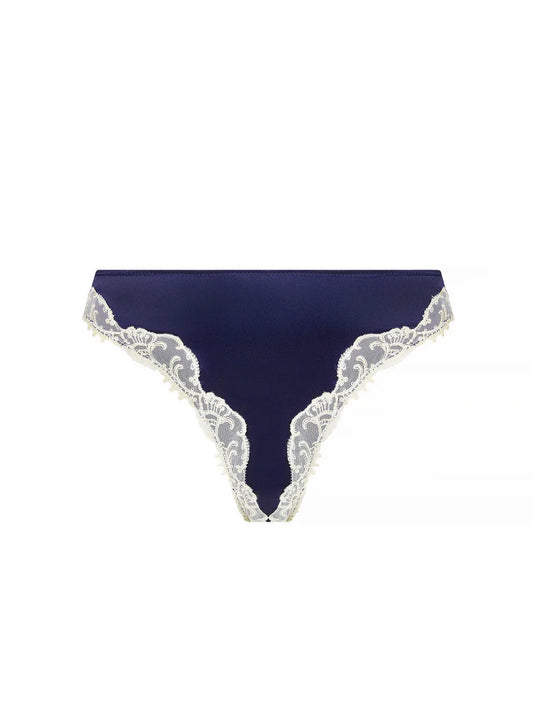 Navy blue lace-trimmed underwear on a white background