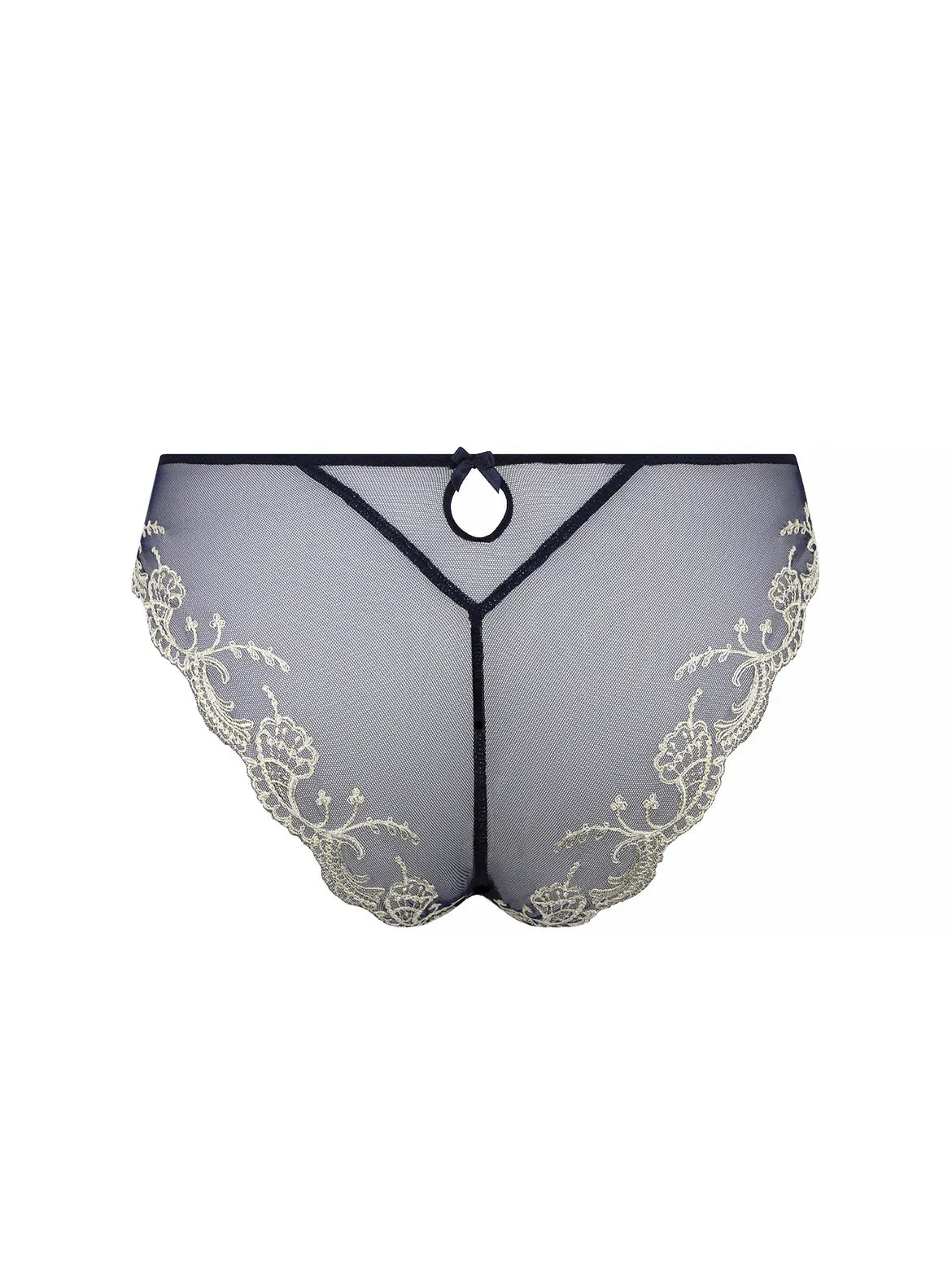 Sheer black lace lingerie with floral embroidery on a white background