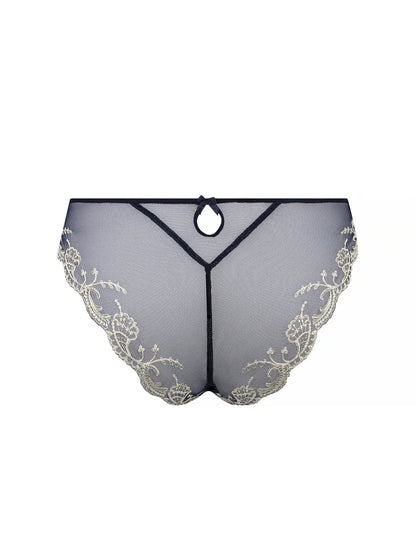 Sheer black lace lingerie with floral embroidery on a white background