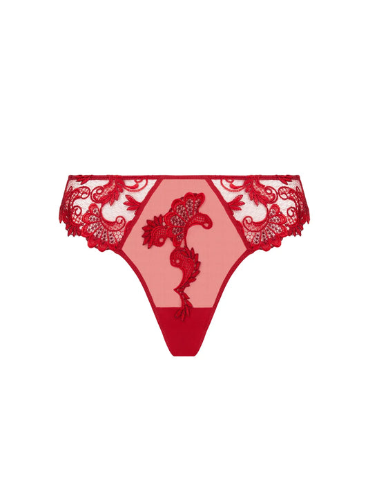 Red lace thong on a white background