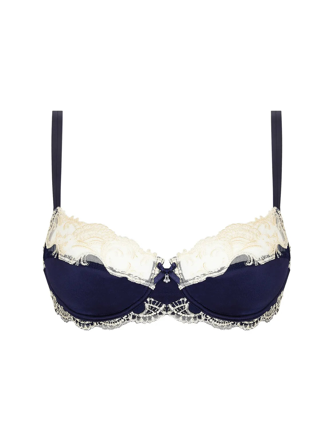 Navy blue bra with white lace trim on a white background