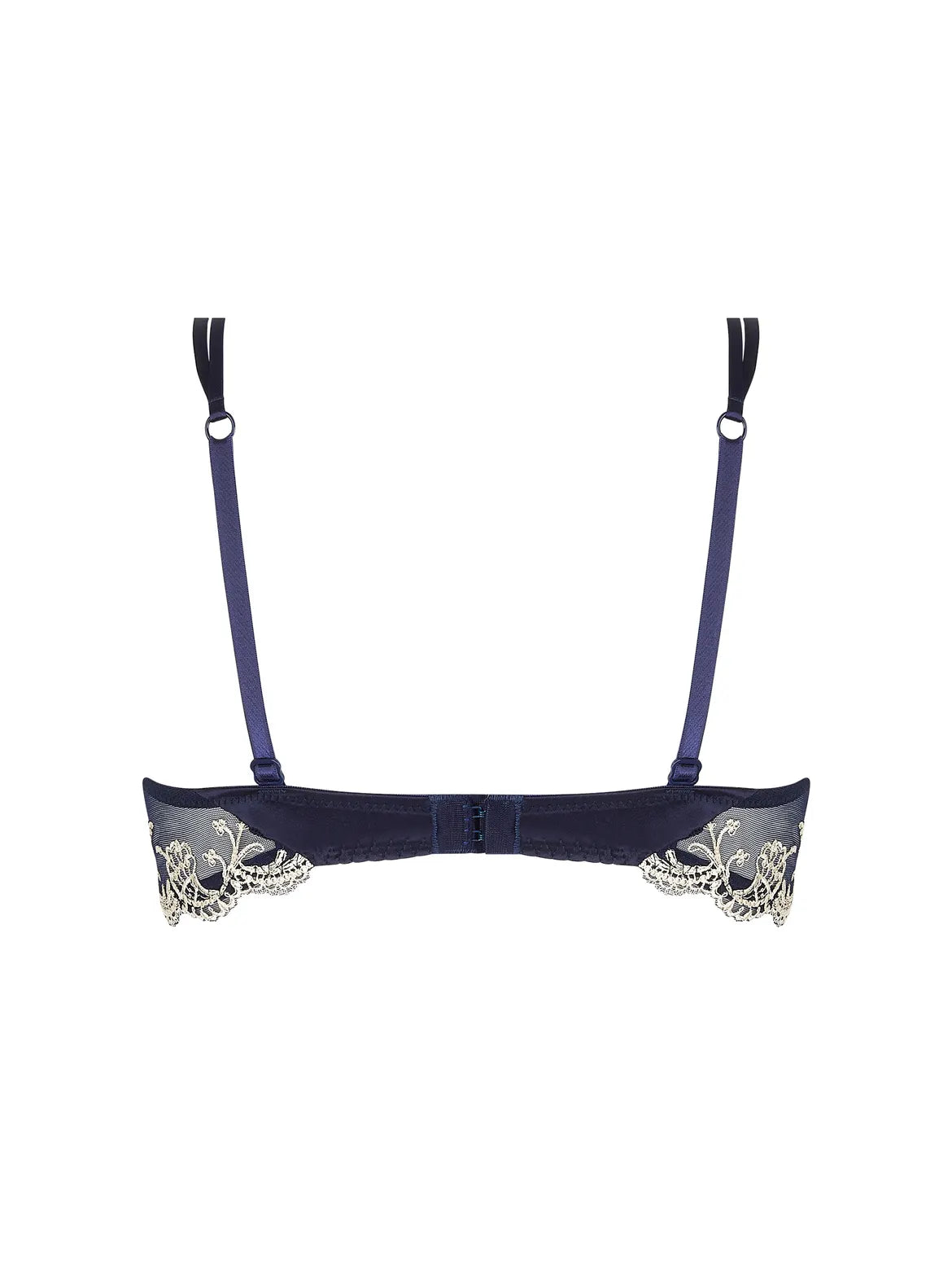Navy blue bra with lace details on a white background