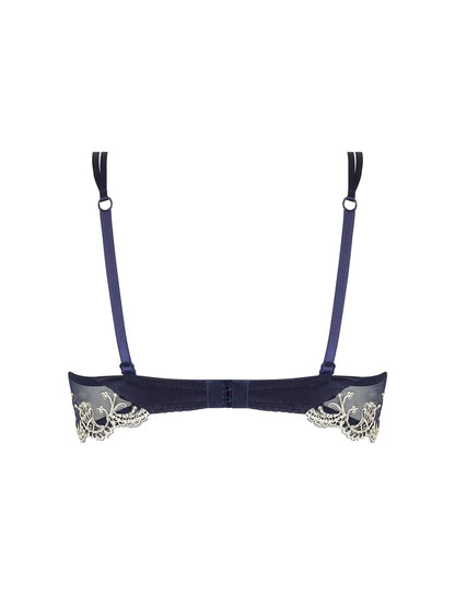 Navy blue bra with lace details on a white background