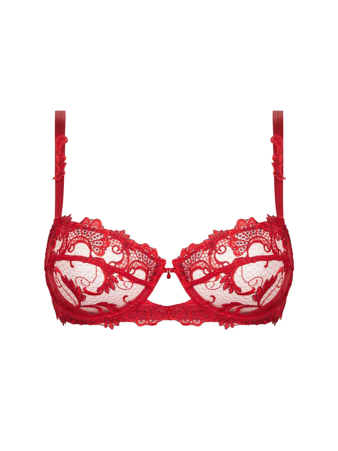Red lace bra on a white background